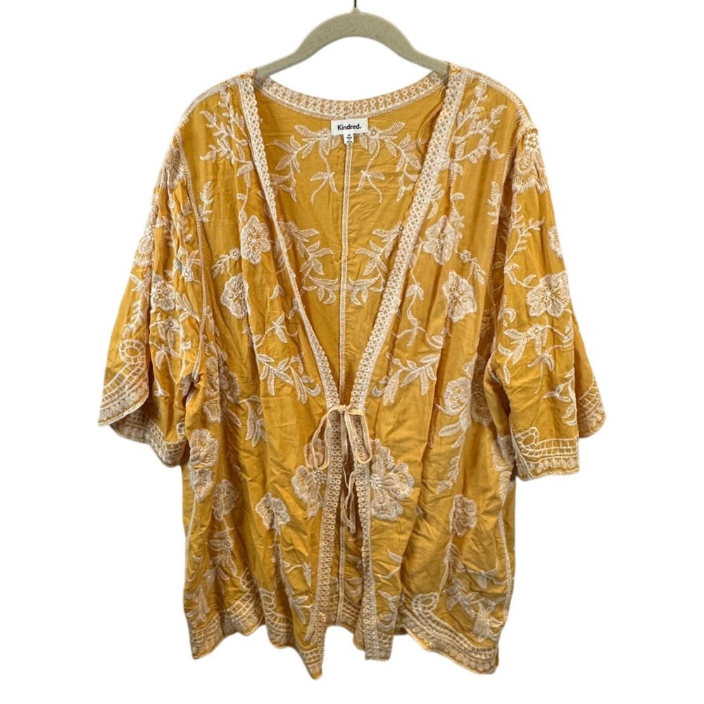 Kindred Womens 3X Mustard Yellow Embroidered Floral Kimono Cardigan Crochet Trim